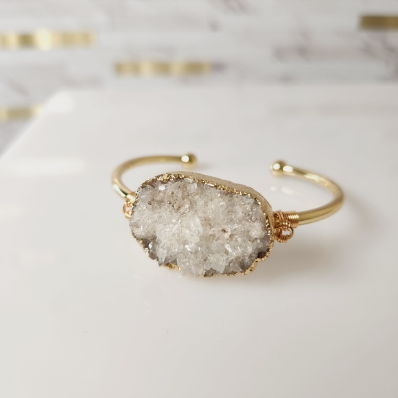Raw Quartz Druzy Bangle Wire Wrapped Gold Plated Bracelet - Picture 2 of 4